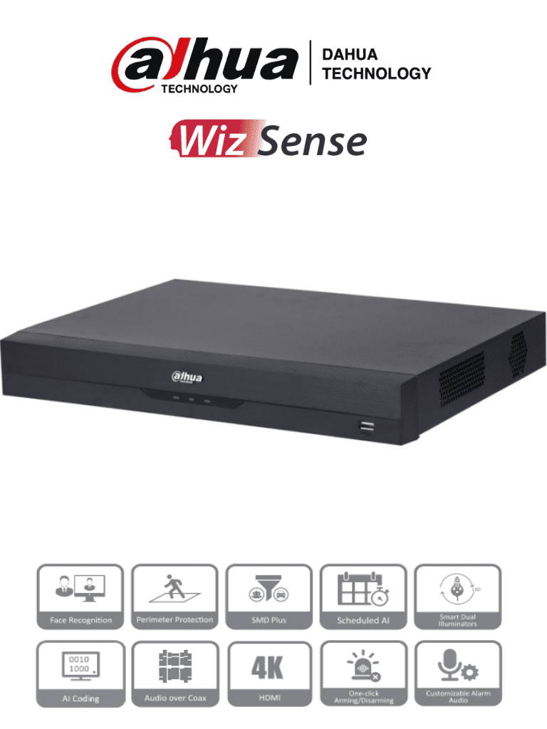 DAHUA XVR5216AN-4KL-I3 - DVR de 16 Canales 4k/ WizSense/ IA/ H.265+/ 2 Bahías de Disco Duro/ 16 Ch HDCVI + 16 IP (Hasta 32 IP)/ 2 Canales de Reconocimiento Facial/ SMD Plus/ Codificación IA/ Funciones IoT&POS/ Audio Bidireccional DAHUA XVR5216AN-4KL-I3 - DVR de 16 Canales 4k/ WizSense/ IA/ H.265+/ 2 Bahías de Disco Duro/ 16 Ch HDCVI + 16 IP (Hasta 32 IP)/ 2 Canales de Reconocimiento Facial/ SMD Plus/ Codificación IA/ Funciones IoT&POS/ Audio Bidireccional